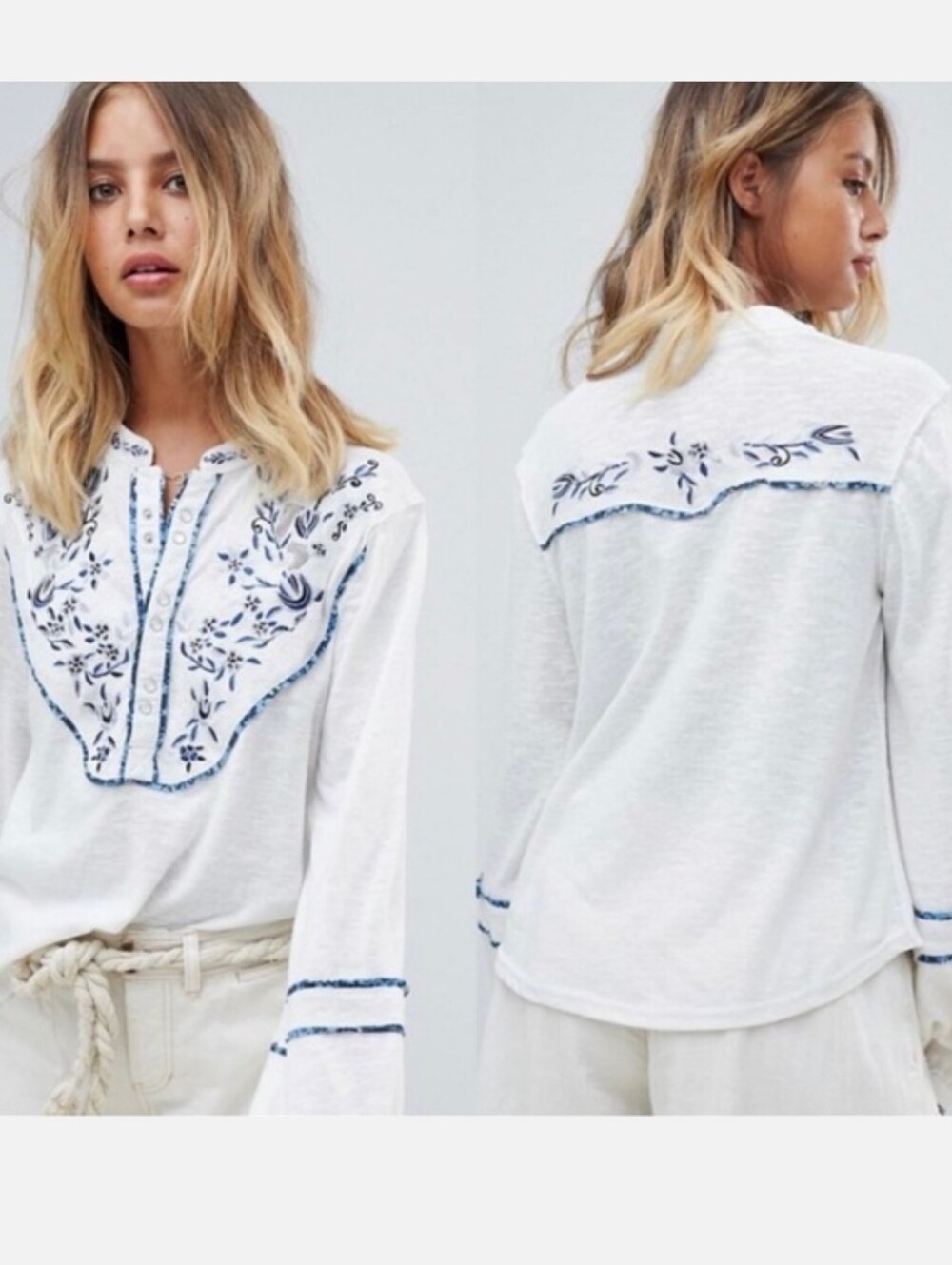 Free People Boho Top Sz Xs Blue And White